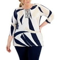 thumbnail image 1 of JM Collection Plus Size Printed Y Neck Top Intrepid Blue Combo 1X, 1 of 1
