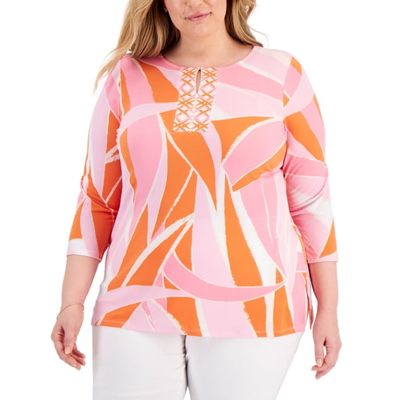 JM Collection Plus Size Printed Y Neck Top Pink Gemstone Combo 1X