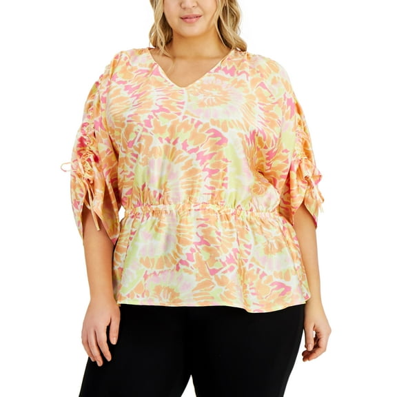 JM Collection Plus Size Ruched Sleeve Top Peach Pearl Combo 2X