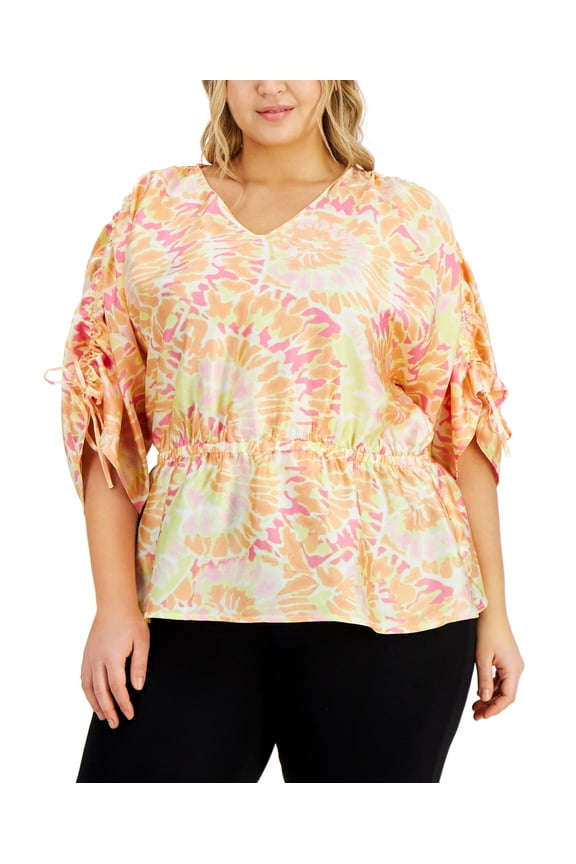 Plus Size Ruched Sleeve Top Peach Pearl Combo 3X