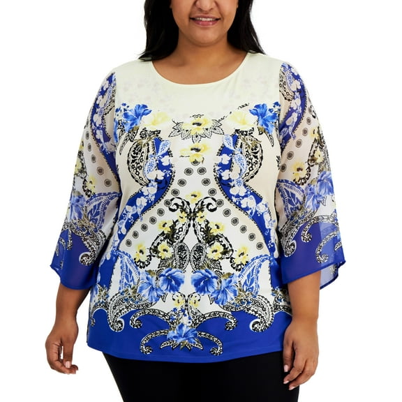 JM Collection Plus Size Scoop Neck 3/4 Sleeve Tunic Deep Cobalt 3X