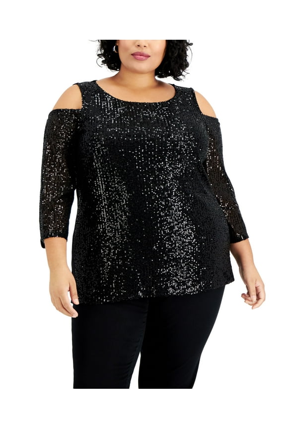 Plus Size Sequin Cold Shoulder Top Deep Black 2X