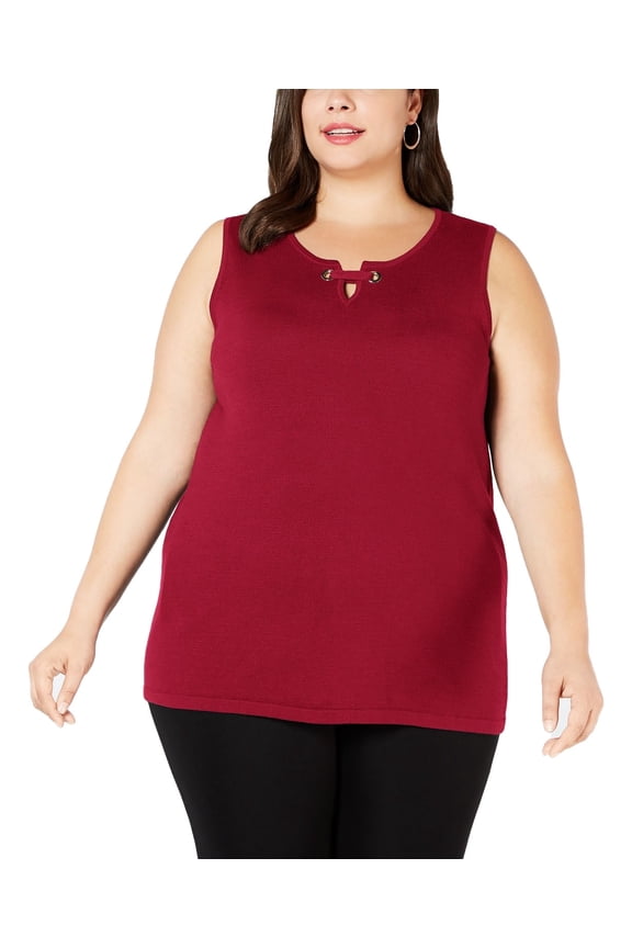 Plus Size Sleeveless Grommet Shell Red 3X