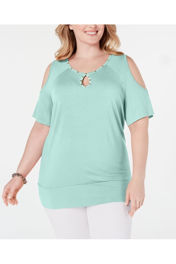 Women's Plus Size Studded Cold Shoulder Top Aqua Flash 3X