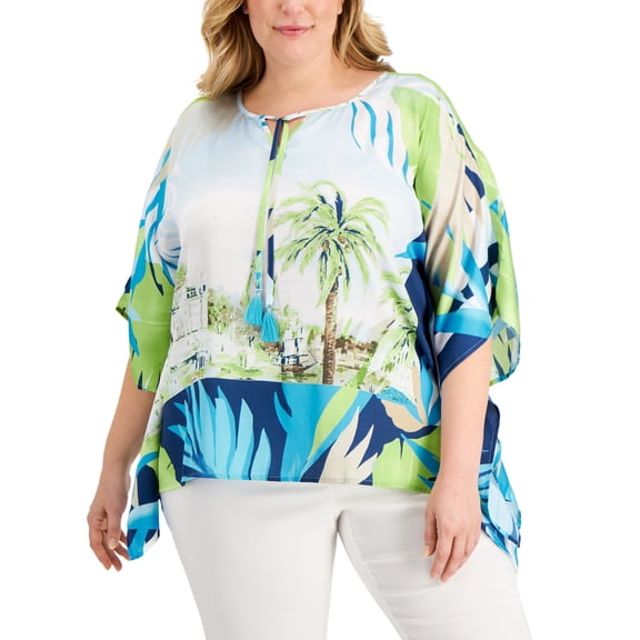 JM Collection Plus Size Tropical Print Poncho Blue Combo 2X