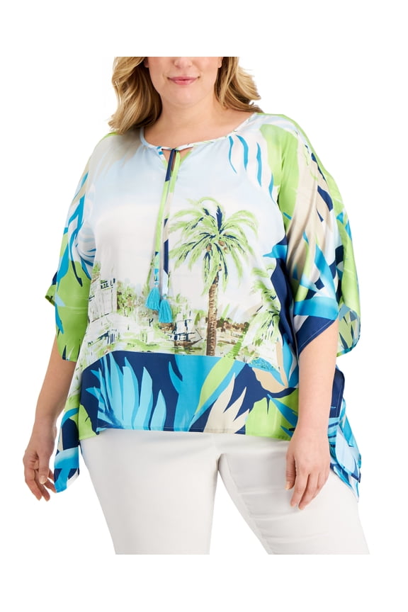 Plus Size Tropical Print Poncho Blue Combo 2X