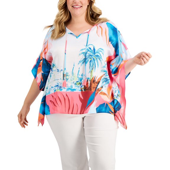 JM Collection Plus Size Tropical Print Poncho Pink Gemstone Combo 0X