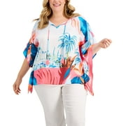 JM Collection Plus Size Tropical Print Poncho Pink Gemstone Combo 2X