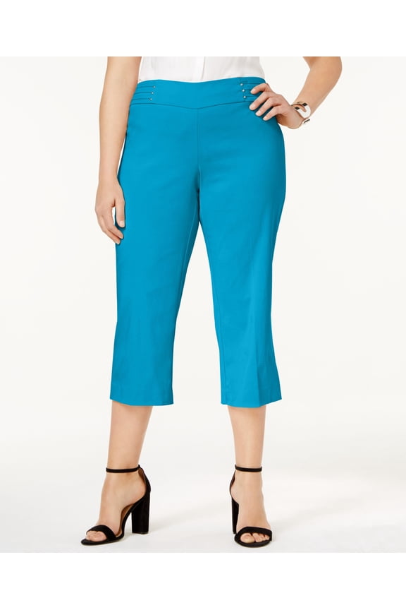 Plus Size Tummy Control Pull On Capri Pants Ocean Turquoise 3X