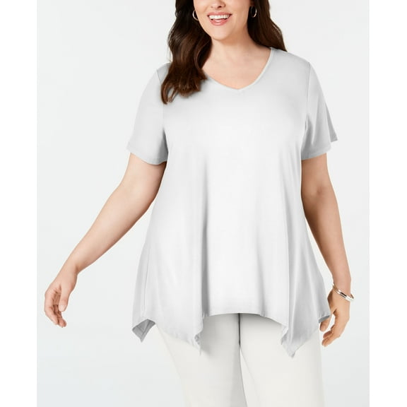 JM Collection Plus Size V Neck Handkerchief Hem Top Off White 1X