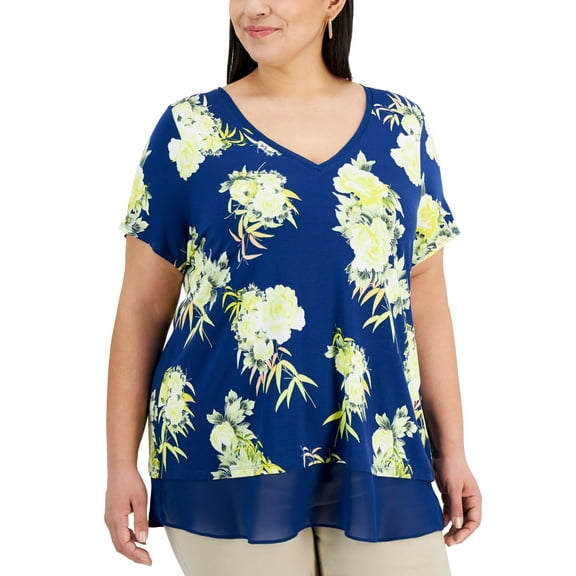JM Collection Plus Size V Neck Printed Top Navy Peony Combo 2X