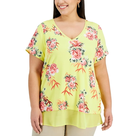 JM Collection Plus Size V Neck Printed Top Nouve Yellow Combo 3X