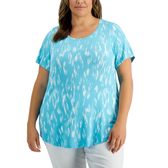 JM Collection Plus Size Wispy Print Top Seafoam Blue Combo 3X
