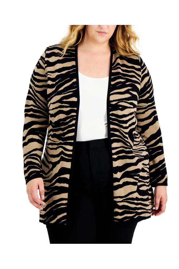 Plus Size Zebra Print Cardigan New Fawn Combo 0X
