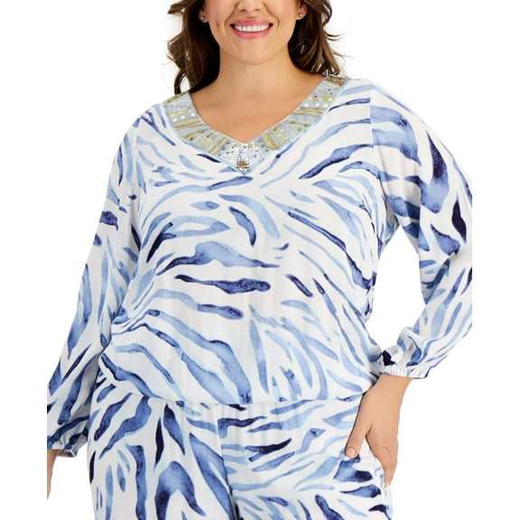 JM Collection Plus Size Zebra Print Embellished Bubble Top Iris Blue 4X
