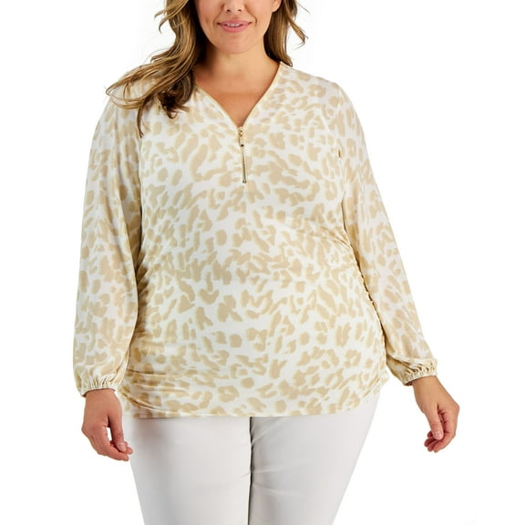 JM Collection Plus Size Zip Front Animal Print Top Natural Combo 1X