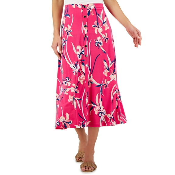 JM Collection Printed Button Front Skirt Fuchsia Purple Combo L