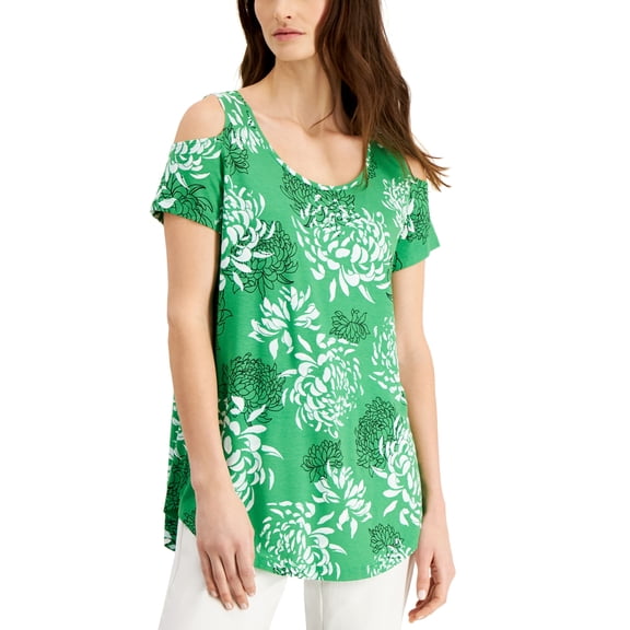 JM Collection Printed Cold Shoulder Top Green Emerald Combo L