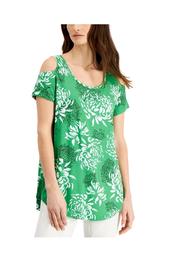 Printed Cold Shoulder Top Green Emerald Combo L