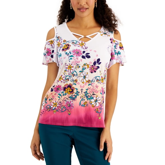 JM Collection Printed Cold Shoulder Top Red Violet M