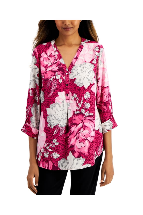 Printed Cuffed Sleeve Top Bold Berry Combo 2XL