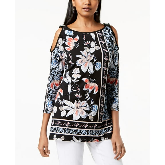 JM Collection Printed Embellished Cold Shoulder Top Amelia Terrace XS