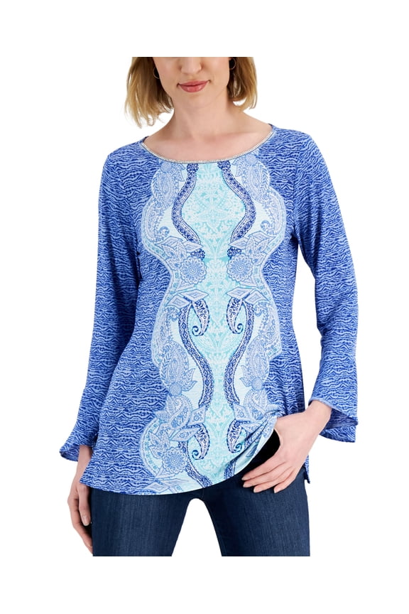 Printed Flared Sleeve Top Seafoam Blue Combo M