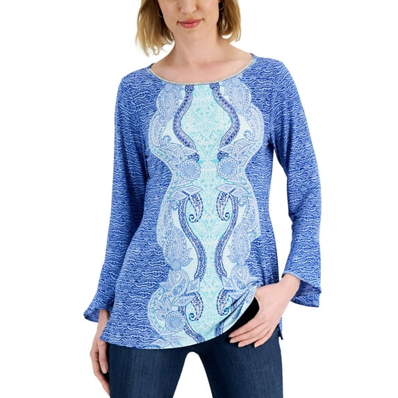 JM Collection Printed Flared Sleeve Top Seafoam Blue Combo XL