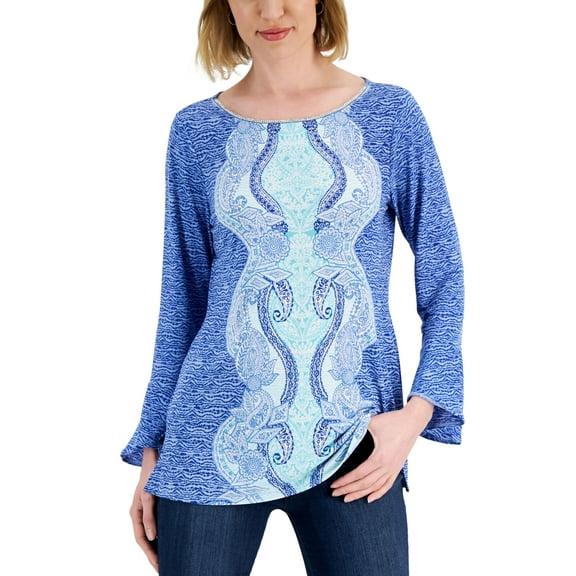 JM Collection Printed Flared Sleeve Top Seafoam Blue Combo XS