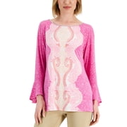 JM Collection Printed Flared Sleeve Top Whip Cream Combo M