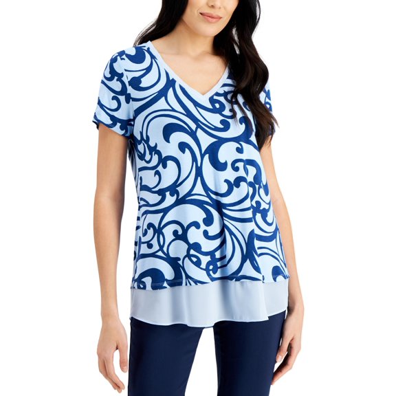 JM Collection Printed Layered Look Tunic Navy Peony Combo S