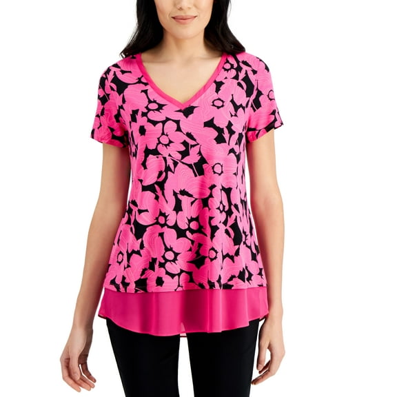 JM Collection Printed Layered-Look Tunic deep black combo S