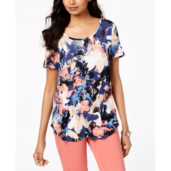 JM Collection Printed Scoop Neck Top Pompador Crinkle Paint XS