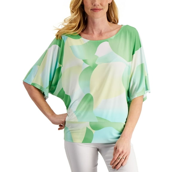 JM Collection Printed Short Sleeve Top Green Emerald Combo L
