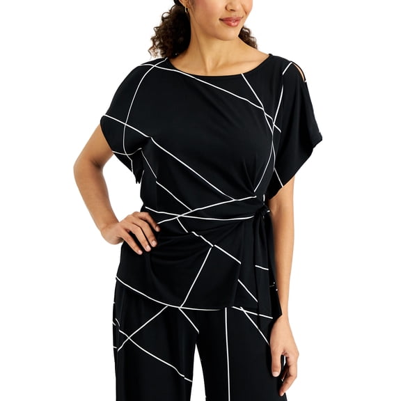 JM Collection Printed Tie Waist Top Deep Black XL