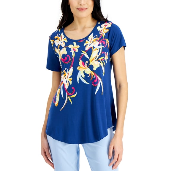 JM Collection Printed Tunic Navy Peony Combo L