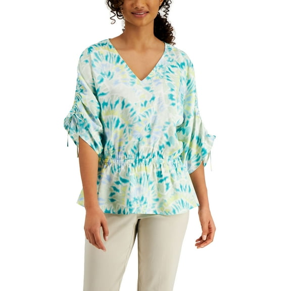 JM Collection Printed V Neck Gathered Waist Top Enchanted Mint Combo 2XL