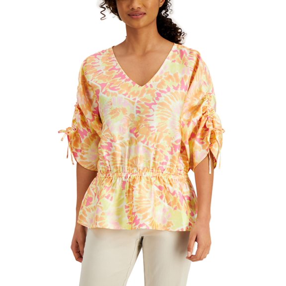 JM Collection Printed V Neck Gathered Waist Top Peach Pearl Combo XL