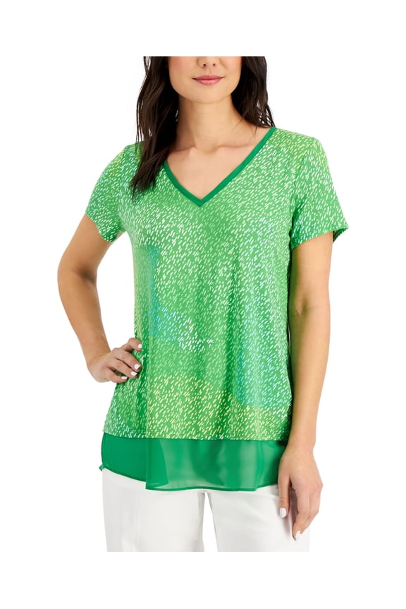Printed V Neck Top Green Emerald Combo L