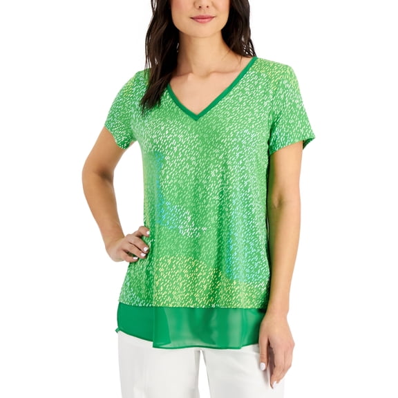 JM Collection Printed V Neck Top Green Emerald Combo S