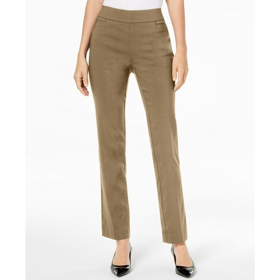 JM Collection Pull On Tummy Control Straight Leg Pants Taupe Flash L