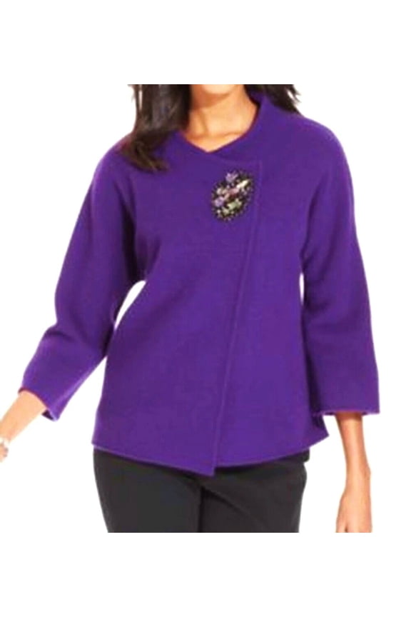 Purple 100% Wool Brooch Embellished Knit Cardigan Women's Medium