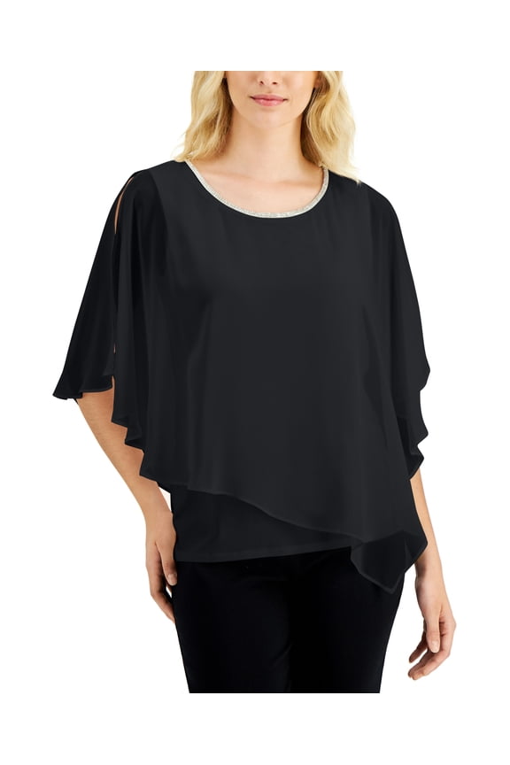 Rhinestone Sheer Overlay Top Deep Black 2XL