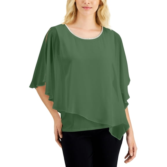 JM Collection Rhinestone Sheer Overlay Top Pickled M
