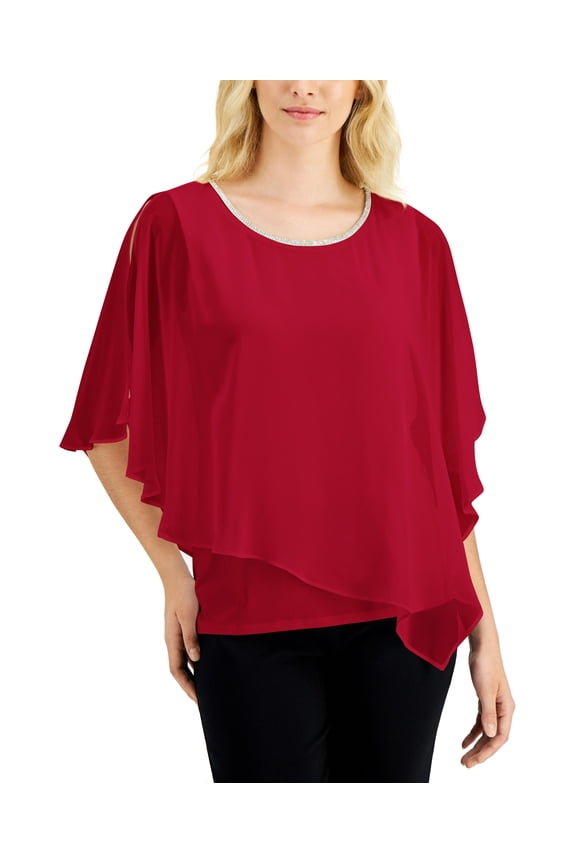 Rhinestone Sheer Overlay Top Real Red XL
