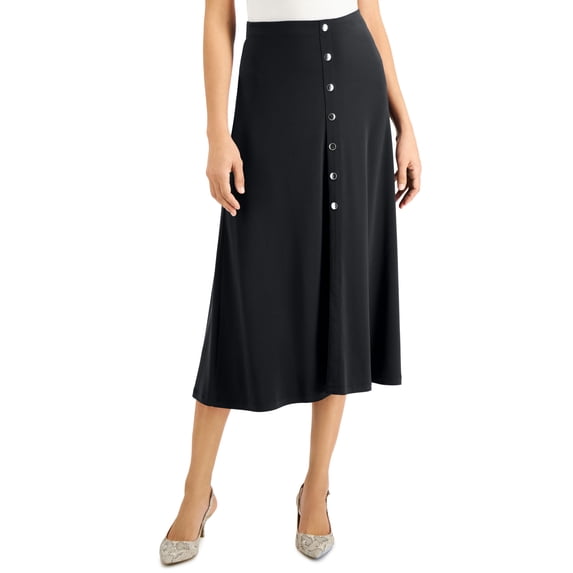 JM Collection Solid Button-Front Midi Skirt Deep Black XL