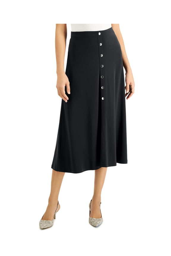 Solid Button-Front Midi Skirt Deep Black XL