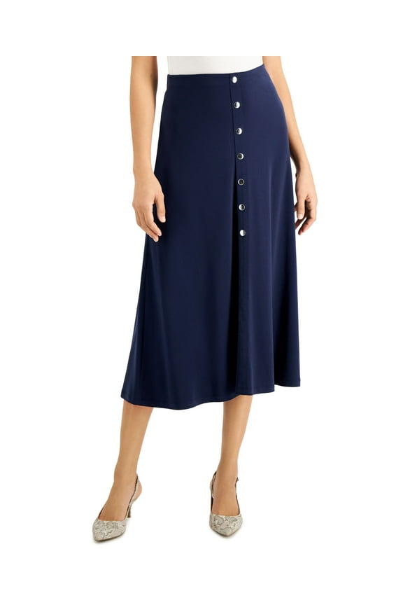Solid Button-Front Midi Skirt Intrepid Blue M