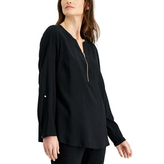JM Collection Solid Zip Neck Utility Top Deep Black L