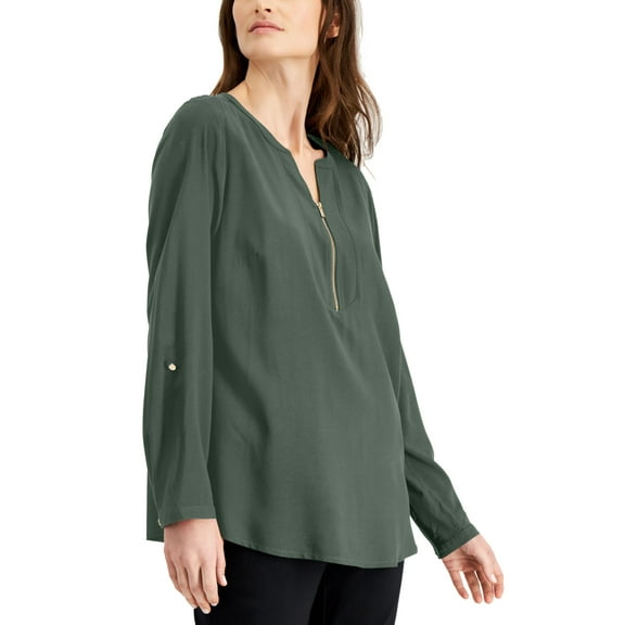 JM Collection Solid Zip Neck Utility Top Organic Green XS